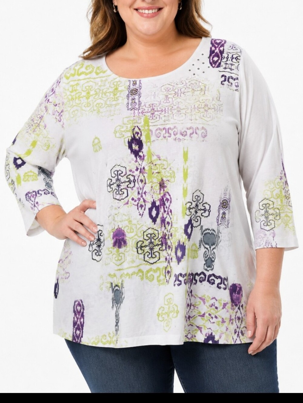 Nwt Breckenridge Woman 2X Abstract Print Rhinestone Sleeve Tunic Top Comfy